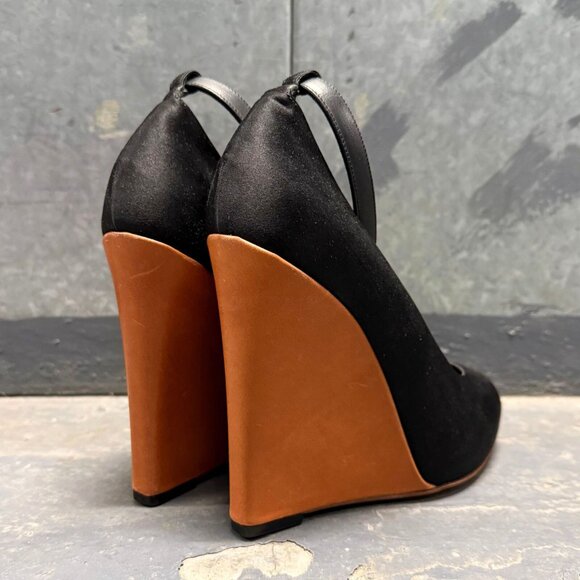 CELINE Archival Black Satin Wooden Wedge Heel Ankle Strap Shoes PHOEBE PHILO ERA - Picture 4 of 12